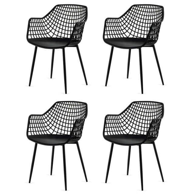 Modern Dining Chairs Set of 4 Plastic Shell Hollow Armchairs with 15" High Airy Hollow Backrests & Powder-Coated Metal Legs