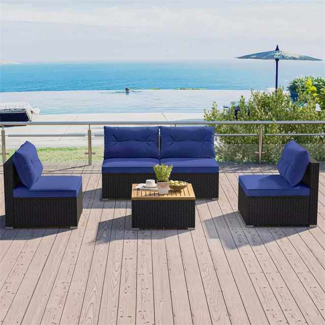 5 Piece PE Rattan Patio Sofa Set with Acacia Wood Top Coffee Table, Seat & Back Cushions, Wicker Outdoor Sectional Furniture for Backyard Garden