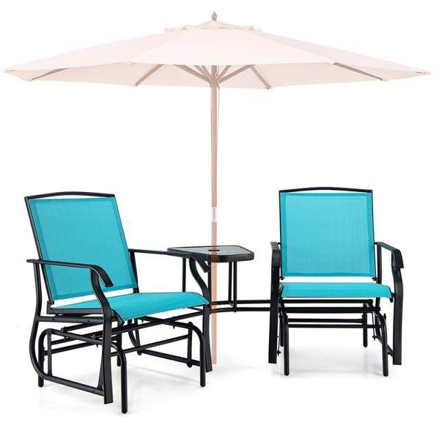 Bestoutdor Double Glider Chairs with Glass Table & Umbrella Hole, Steel Frame Patio 2-Person Rocking Chairs Breathable Fabric
