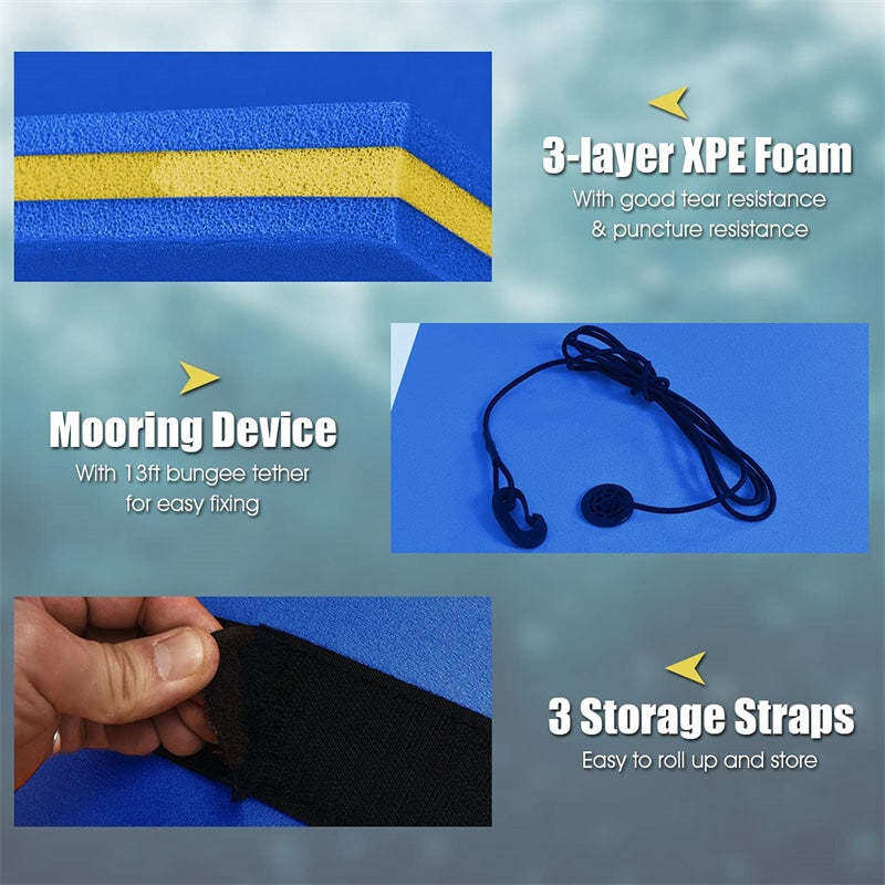 12' x 6' Floating Water Pad, 3 Layer Tear-Resistant XPE Foam Water Mat Roll-Up Floating Island for Pool Lake with Mooring Device & Straps