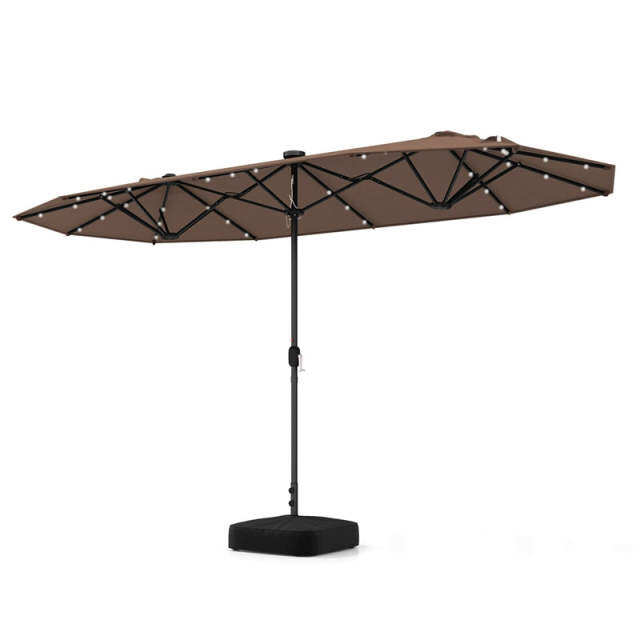 13FT Double-sided Patio Umbrella with Base, 36 Solar LED Lights & Crank Handle, Large Twin Table Umbrella for Poolside, Outdoor Dining