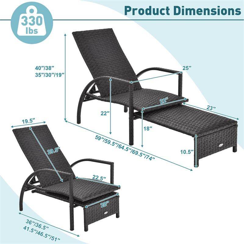 Patio Chaise Lounge Set of 2, Outdoor Rattan Lounge Chairs with Retractable Footrest, 5-Level Adjustable Backrest, Padded Seat, Metal Frame for Yard