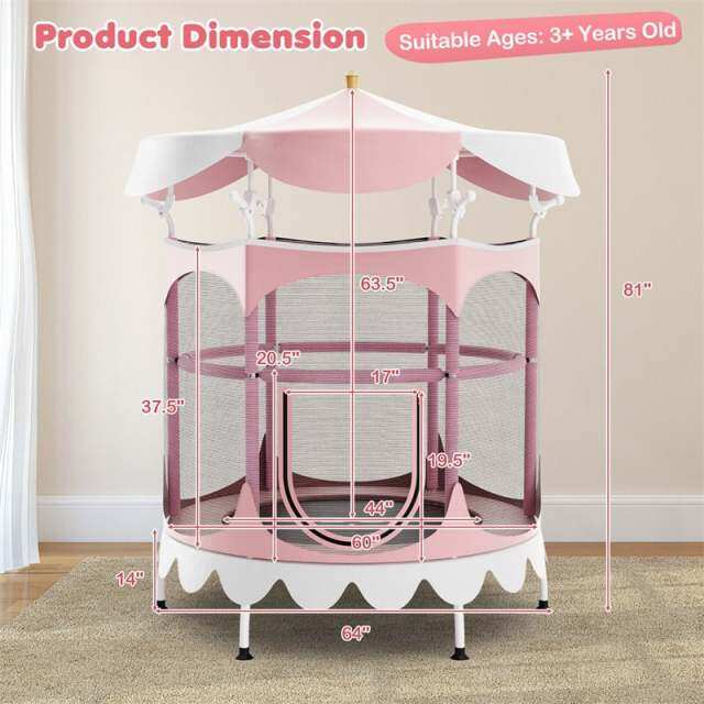 64" Mini Kids Trampoline, ASTM Approved Toddler Trampoline with Detachable Canopy, Safety Enclosure Net & Handrail for Indoor Outdoor Use