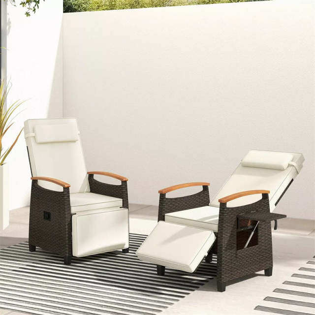 Outdoor Wicker Recliner Chair with Adjustable Backrest, Footrest, Flip Side Table & Cushion, Patio Rattan Chaise Lounge for Backyard Porch