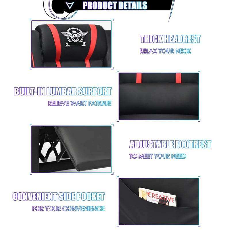 Gaming Recliner PU Leather Massage Gaming Chair with Adjustable Footrest, Side Pocket & Remote, Racing Style Single Theater Seat Game Sofa