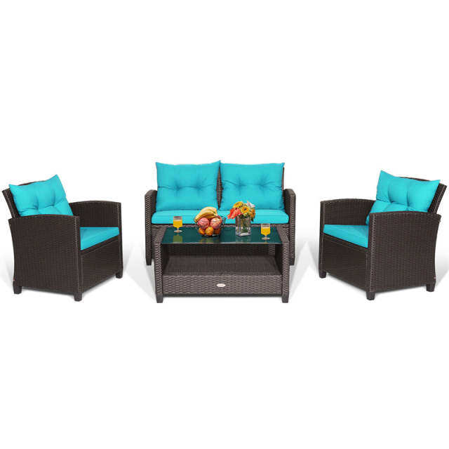 4 Piece Outdoor Rattan Furniture Set, Patio Conversation Set with Lower Shelf Coffee Table, Loveseat, 2 Cushioned Chairs for Garden Backyard