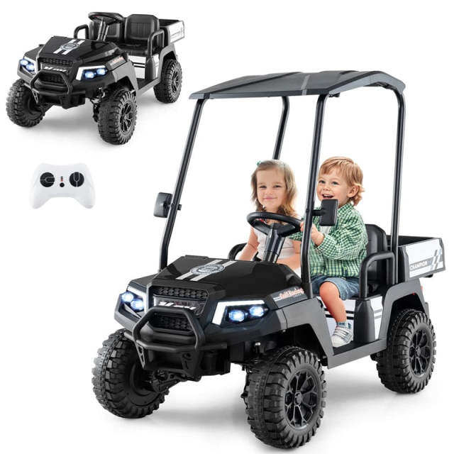 24V Kids Golf Cart, 4WD 2-Seater Electric Ride-On Car with Sun Shade, Storage Trunk, Remote Control & LED Lights for Boys & Girls Ages 3+