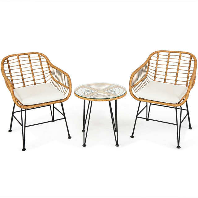 3 Piece Rattan Patio Bistro Set Wicker Conversation Set with Glass Coffee Table & Cushioned Armchairs
