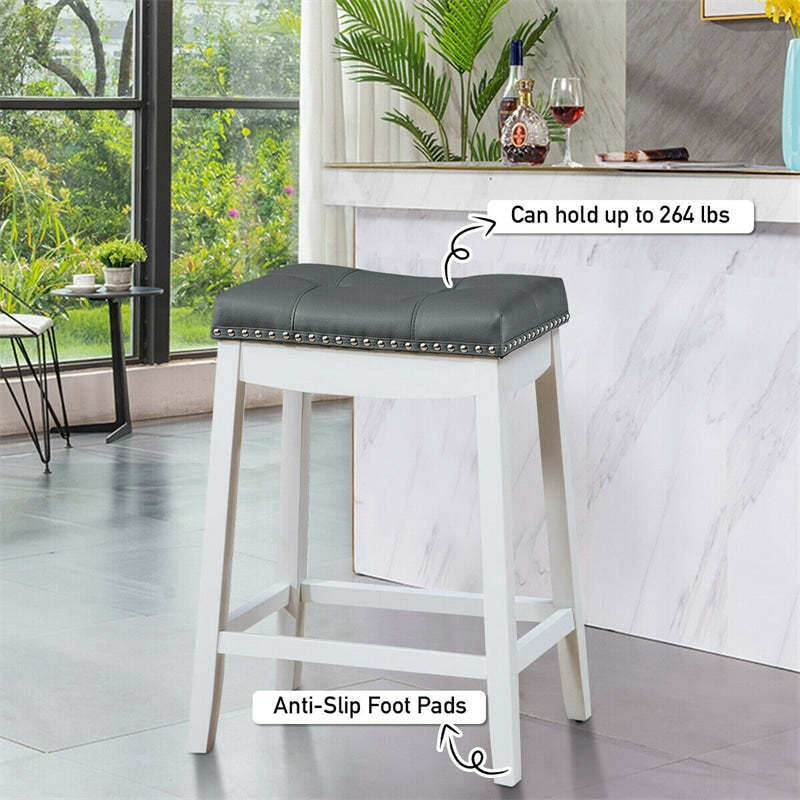 Set of 2 Saddle Seat Bar Stools, 24" Backless Counter Height Barstools with Cushions, Rubber Wood Legs & Footrests for Home Kitchen Living Room