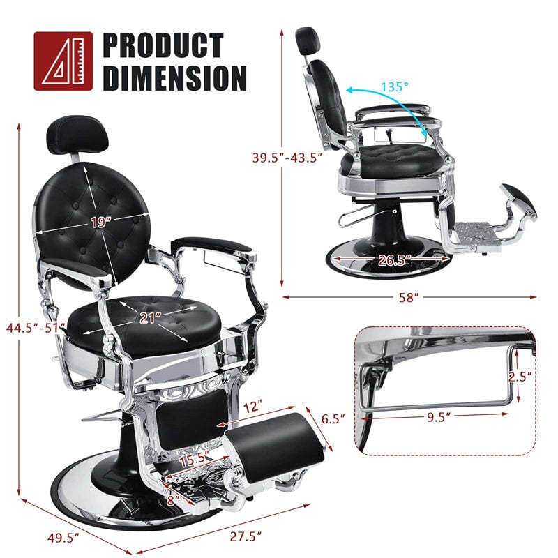 Vintage Barber Chair 360° Swivel Reclining Salon Chair Heavy Duty Hydraulic Hairdressing Styling Chair Height Adjustable with Rotated Footrest