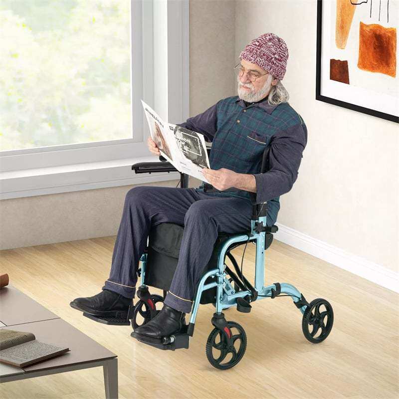 2-in-1 Folding Rollator Walker Wheelchair Combo with Backrest & Adjustable Height, 300lbs Aluminum Mobility Walking Aid for Seniors/Adults