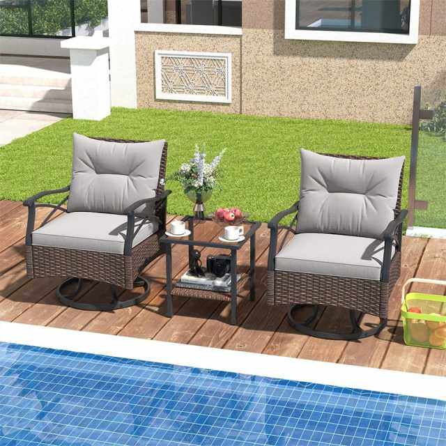 3-Piece Patio Swivel Rocker Set, Outdoor Rocking Chairs with 2-Tier Tempered Glass Coffee Table, Cozy Seat & Back Cushions for Garden, Backyard