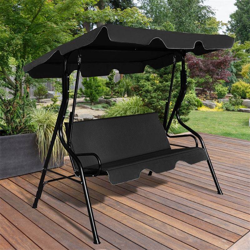 3-Seat Patio Swing with Adjustable Canopy & Removable Cushion, Powder-Coated Steel Frame Outdoor Porch Swing for Backyard, Garden, Balcony