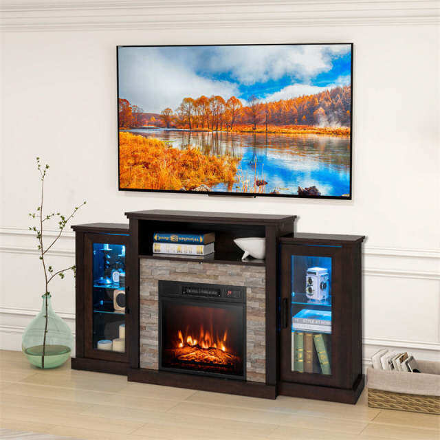 59" Fireplace TV Stand for TVs up to 65", Entertainment Center with LED Lights, 18" Electric Fireplace, Remote & APP Control, Glass Shelves