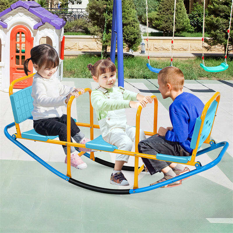 Kids Rocking Seesaw, 3 Person Heavy-Duty Metal Teeter Totter Seesaw with Easy-Grip Handles, Indoor/Outdoor Rocking Toy for Toddlers Ages 3-8