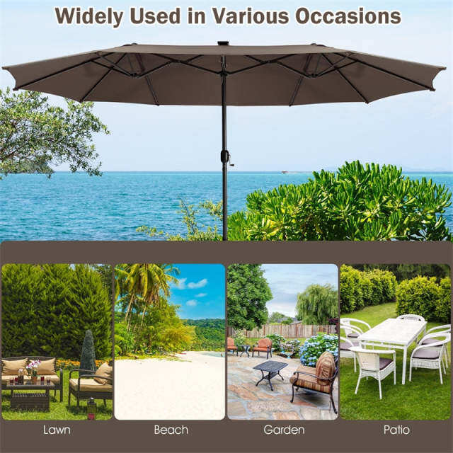 15FT Double-Sided Patio Umbrella with Base, 48 Solar LED Lights & Crank Handle, Extra Large Double Outdoor Umbrella for Poolside, Backyard