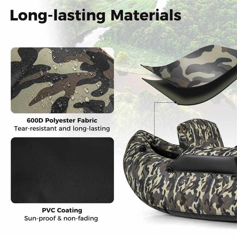 Inflatable Fishing Float Tube 350LBS Capacity Belly Boat with Flippers, Fish Ruler, Rod Holder, Pump, Storage Bag, Adjustable Backrest & Straps