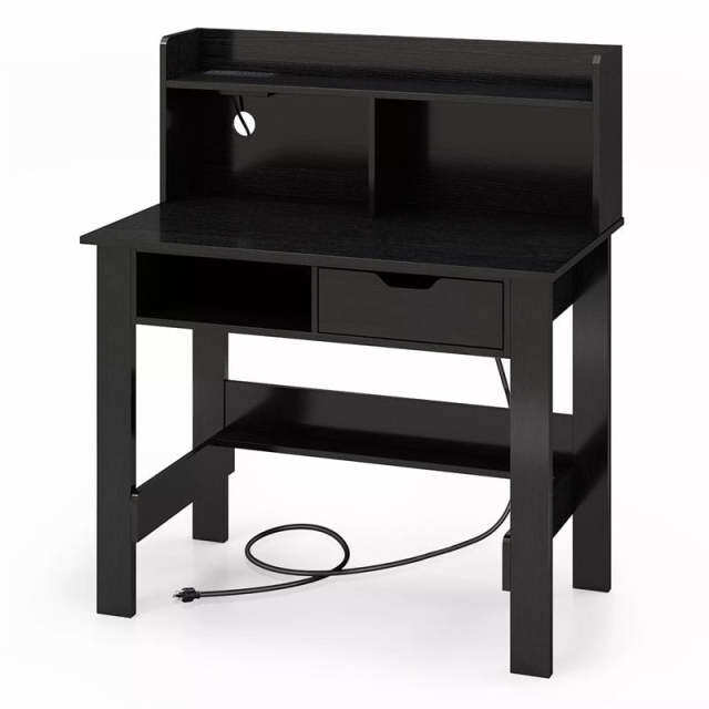 Computer Desk with Hutch, Power Outlets, USB/Type-C Ports, Open Shelf & Drawer, Space-Saving Modern Home Office Writing Desk for Bedroom