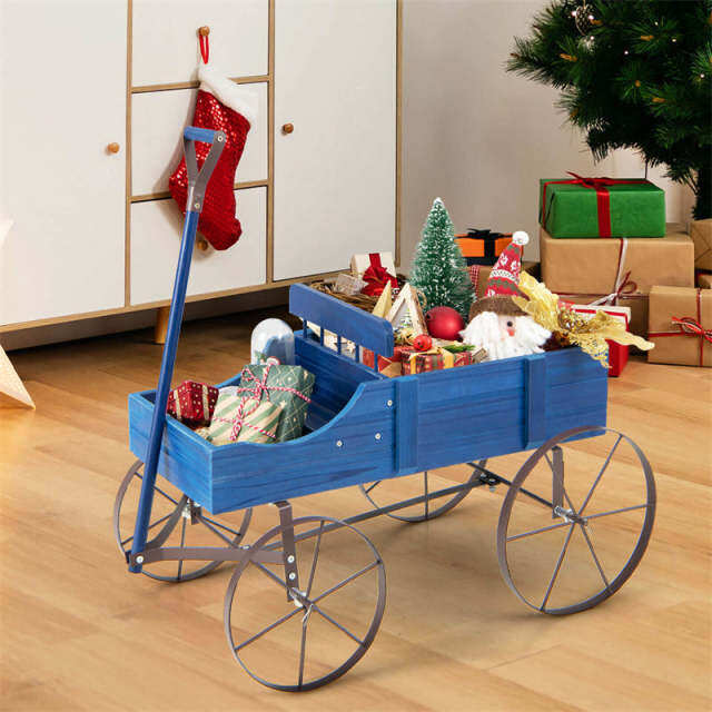Wooden Wagon Planter with Wheels, Adjustable Handle, 2 Planting Sections, Decorative Garden Cart Planter for Indoor Outdoor, Patio, Backyard
