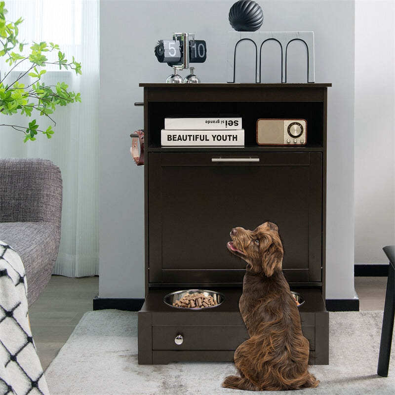 Pet Feeder Station, Dog Food Storage Cabinet with 2 Pull-out Dog Bowls for Watering & Feeding Supplies, Pet Feeder Toy Leashes Organizer