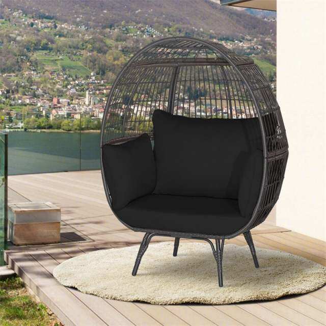 Oversized Wicker Egg Chair, Indoor/Outdoor PE Rattan Basket Lounge Chair with 4 Cushions, Steel Frame, 450LBS Capacity for Patio, Backyard