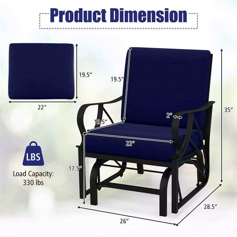 Outdoor Glider Rocking Chair with Cushion, Curved Armrest & Metal Frame, Ergonomic Patio Glider Chair for Porch, Backyard, Poolside