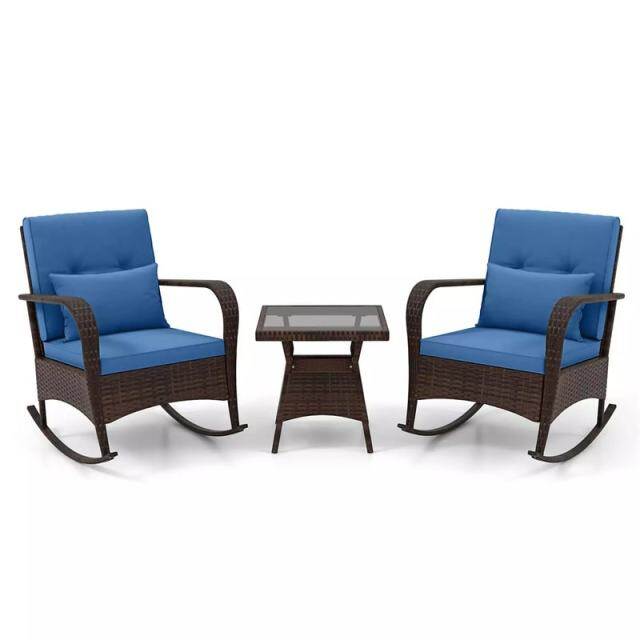 3-Piece PE Rattan Rocking Bistro Set with Removable Cushions & Tempered Glass Table, Outdoor Patio Furniture Set for Porch, Poolside, Backyard