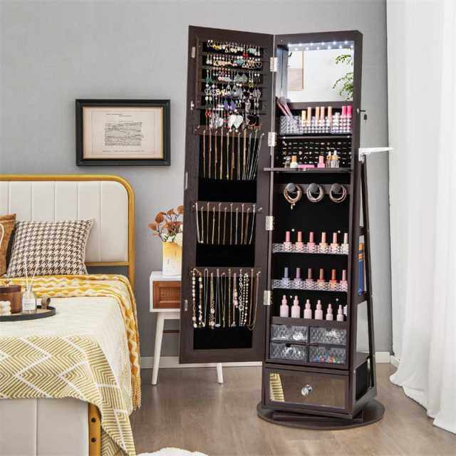 360° Swivel Jewelry Cabinet Armoire, Full-Length Mirror with LED Lockable Jewelry Organizer, Hairdryer Holder, Drawer, Rear Storage Shelves