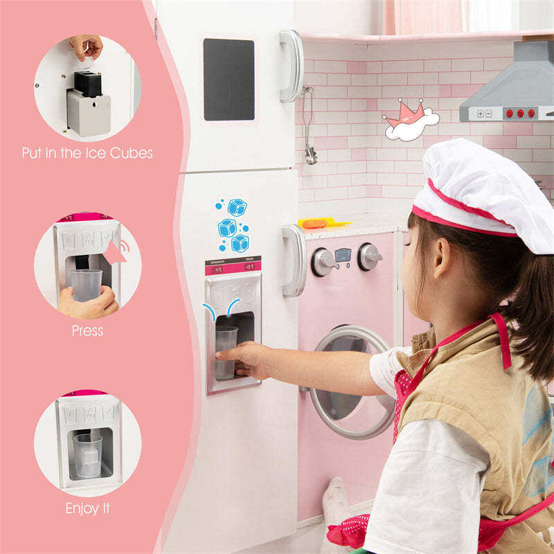Pink Kids Corner Kitchen Playset, Wooden Pretend Play Kitchen Toy Set with Lights, Washer, Range Hood, Microwave, Oven, Utensils, Apron & Chef Hat