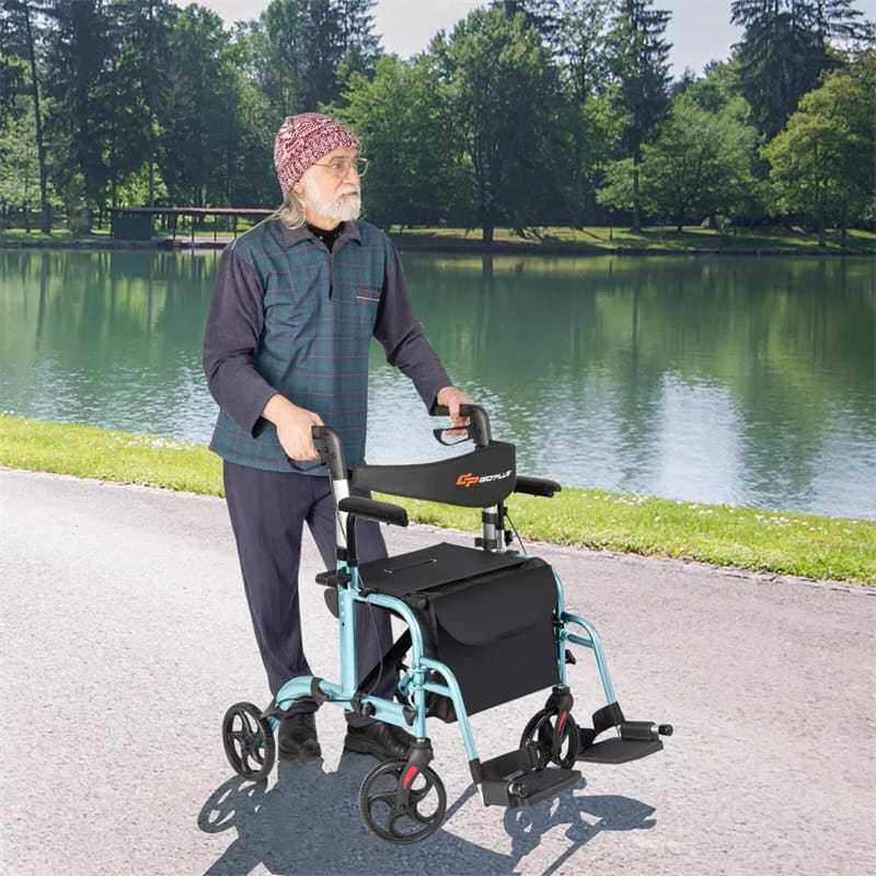 2-in-1 Folding Rollator Walker Wheelchair Combo with Backrest & Adjustable Height, 300lbs Aluminum Mobility Walking Aid for Seniors/Adults