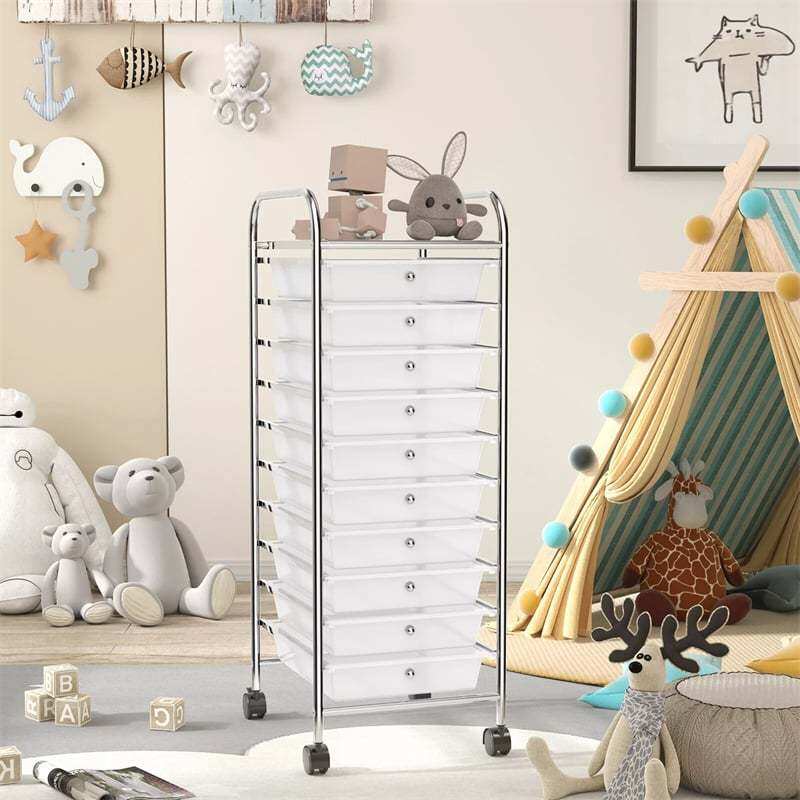 10-Drawer Rolling Storage Cart, Utility Cart with Drawers & Lockable Wheels, Mobile Art Craft Drawer Cart for Home Office, School