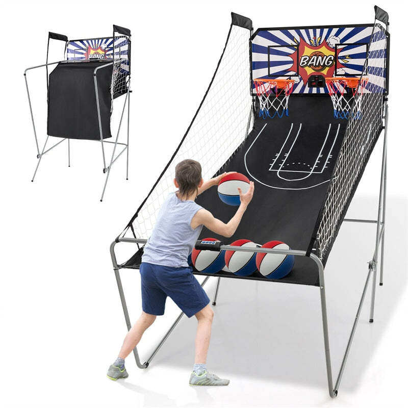 Folding Basketball Arcade Game, Dual Shot Basketball Hoop with 8 Game Modes, 4 Balls, LCD Scoreboard, Air Pump, Indoor Game for Kids & Adults
