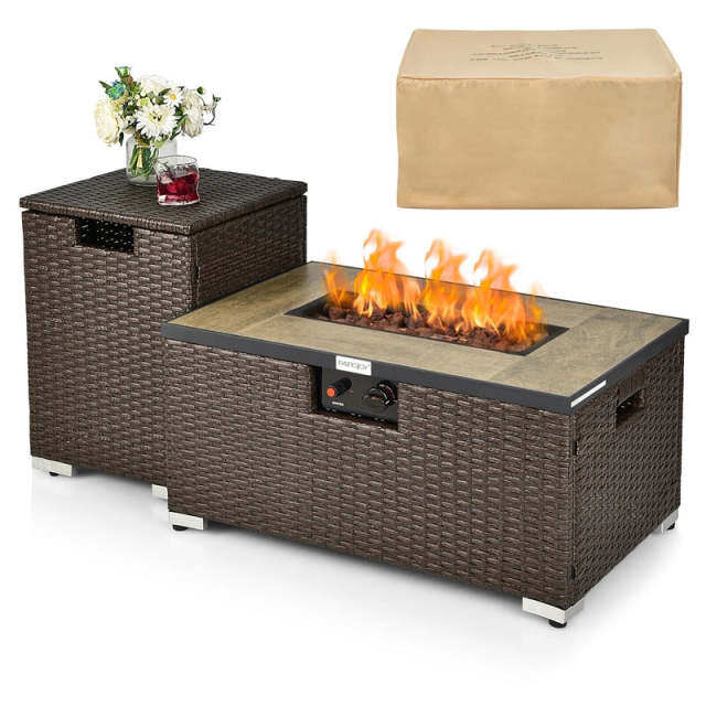 2-Piece Rattan Outdoor Fire Pit Table Set with Hideaway Tank Holder, Lava Rocks & Cover, 40,000BTU Wicker Propane Fire Table for Patio, Backyard