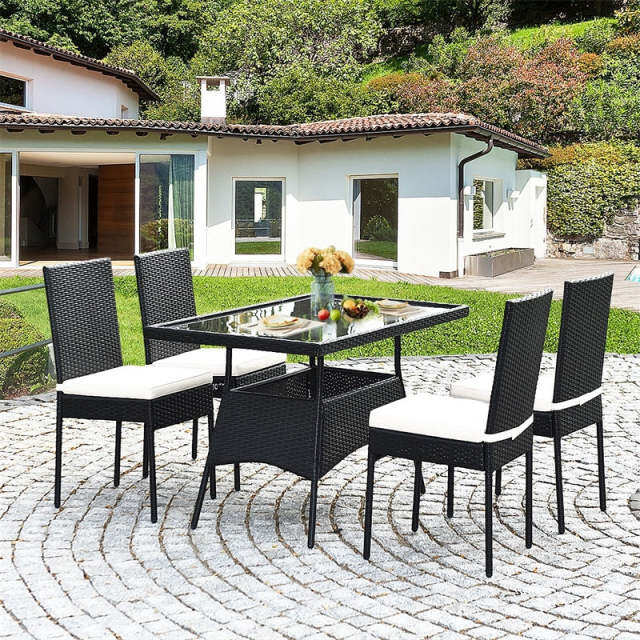 5 Piece Wicker Patio Dining Set Black PE Rattan Outdoor Table & Chairs Set with Tempered Glass Top Table & 4 Cushions for Garden Balcony Poolside