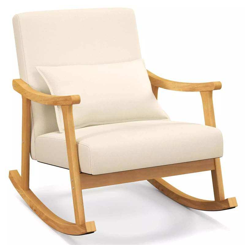 Upholstered Rocking Chair with Rubber Wood Frame, Lumbar Pillow, Padded Seat & Backrest, Modern Rocker for Living Room, Bedroom, Nursery, Office