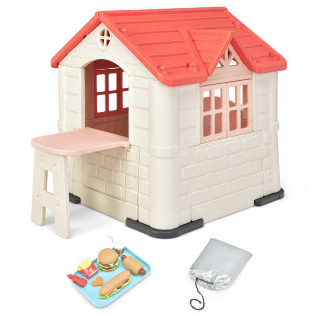 Kids Playhouse, Cottage Pretend Play House with 7PCS Toy Set, Picnic Table & Waterproof Cover for Indoor Outdoor, Boys & Girls Gifts