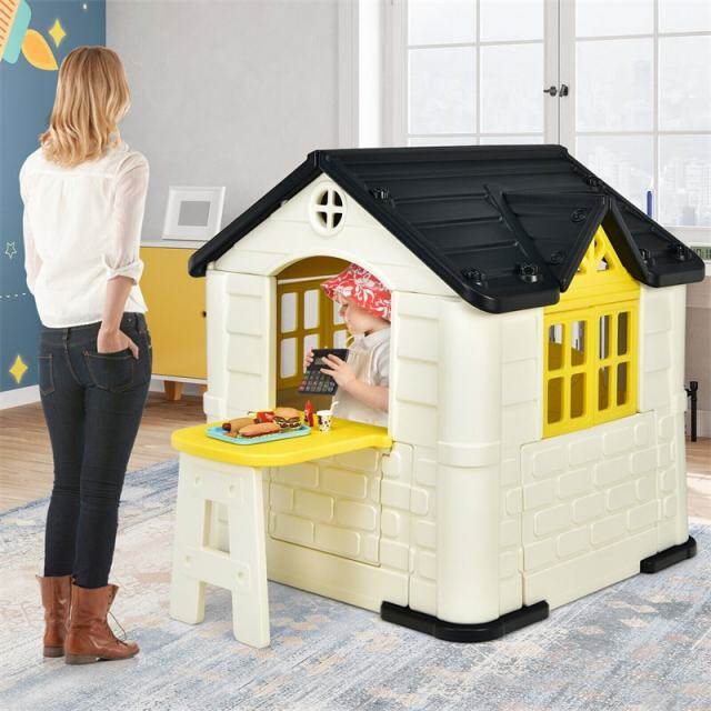 Kids Playhouse, Cottage Pretend Play House with 7PCS Toy Set, Picnic Table & Waterproof Cover for Indoor Outdoor, Boys & Girls Gifts