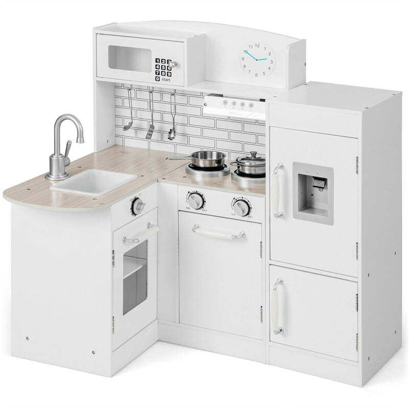 Kids Corner Kitchen Playset 8-in-1 Little Chef Wooden Pretend Play Kitchen Modular Toy Kitchen with Refrigerator & Lights Sounds