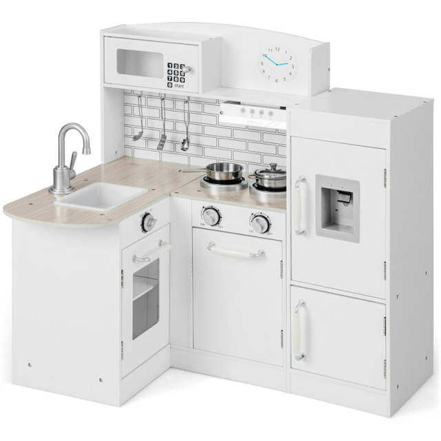 Kids Corner Kitchen Playset 8-in-1 Little Chef Wooden Pretend Play Kitchen Modular Toy Kitchen with Refrigerator & Lights Sounds