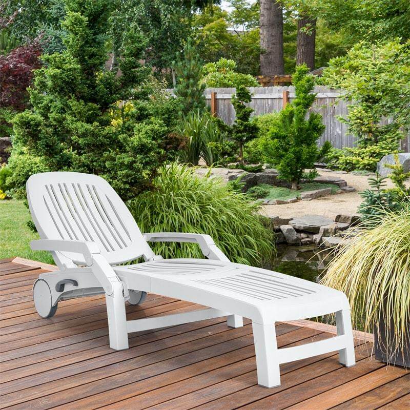 he Folding Outdoor Chaise Lounge, Weatherproof Plastic Lounge Chair with 6-Position Adjustable Backrest & Wheels for Poolside, Patio, Beach