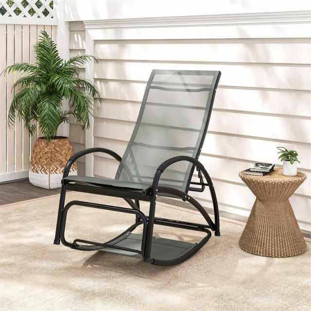 2-in-1 Outdoor Rocking Chair, Convertible Patio Lounge Chair with 4-Position Adjustable Backrest, Curved Armrests & Aluminum Frame for Poolside, Porch