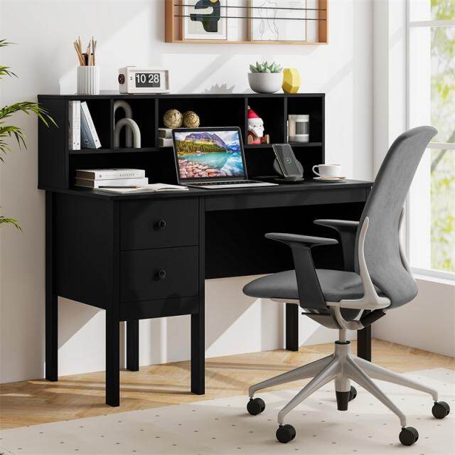 48" Computer Desk with Charging Station, 5-Cubby Hutch & 2 Drawers, Home Office Desk w/Power Outlets, USB/Type-C Ports for Bedroom, Small Space
