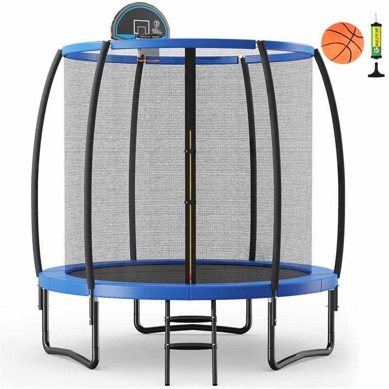 8FT Recreational Trampoline ASTM Approved Large Trampoline with Safety Enclosure Net Ladder Basketball Hoop & Ballpump