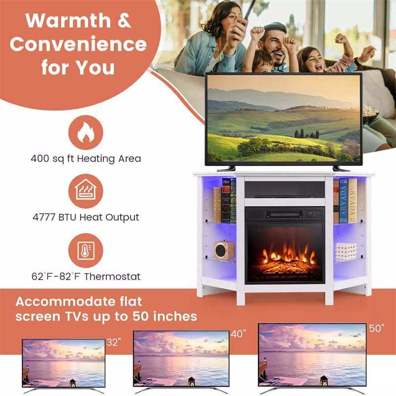 45" Corner Fireplace TV Stand for 50" TVs, Modern Fireplace Entertainment Center with 16-Color LED Lights, Smart APP Control, Adjustable Shelves
