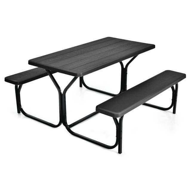 Outdoor Picnic Table Bench Set, All-Weather Metal Frame Camping Table with Built-in Benches & Wood-Like Tabletop for Backyard, Patio, Poolside