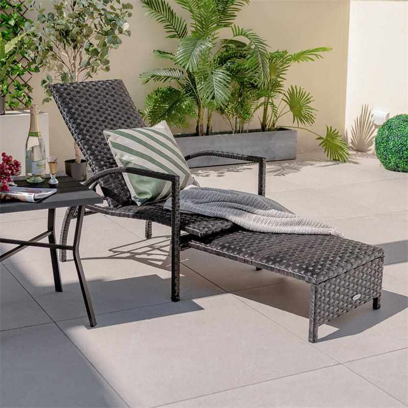 Patio Chaise Lounge Set of 2, Outdoor Rattan Lounge Chairs with Retractable Footrest, 5-Level Adjustable Backrest, Padded Seat, Metal Frame for Yard