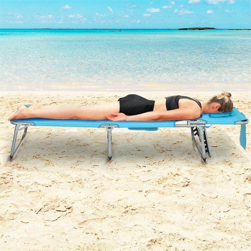 Folding Beach Lounge Chair 5-Position Adjustable Outdoor Tanning Chair with Pillow