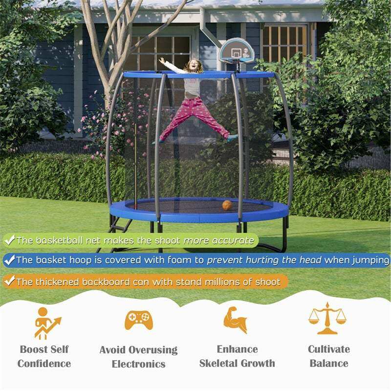 8FT Recreational Trampoline ASTM Approved Large Trampoline with Safety Enclosure Net Ladder Basketball Hoop & Ballpump
