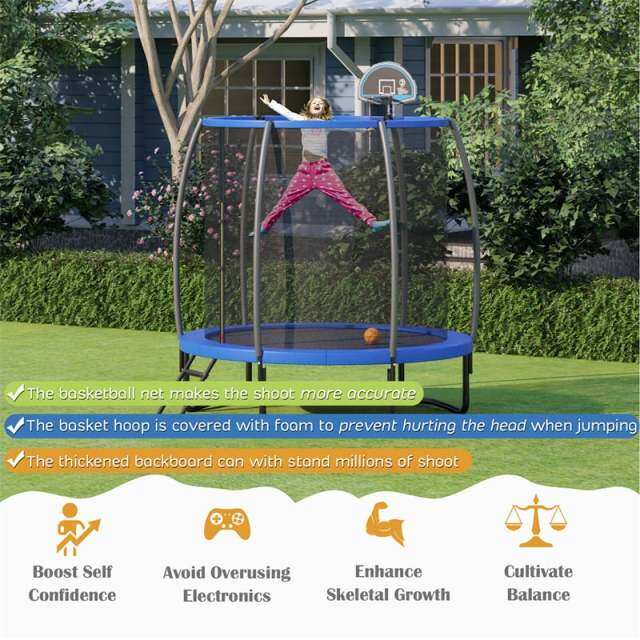 8FT Recreational Trampoline ASTM Approved Large Trampoline with Safety Enclosure Net Ladder Basketball Hoop & Ballpump