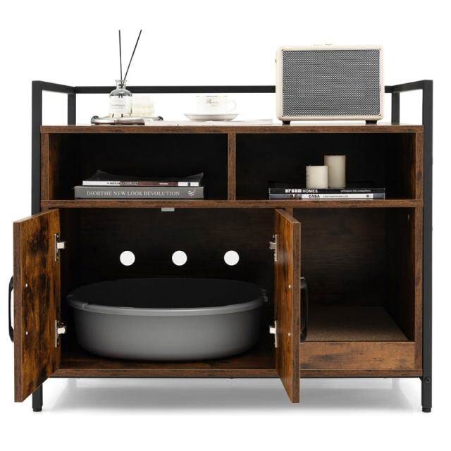 Large Cat Litter Box Enclosure 2-Door Wood Hidden Cat Washroom Furniture with Winding Entry, Scratcher & 2 Compartments